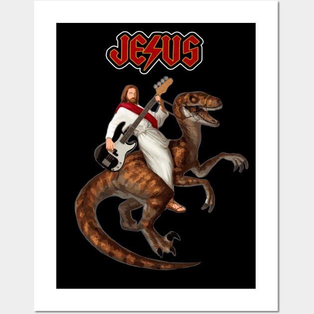 Jesus ridding a dinosaur with a guitar Wall Art by VinagreShop